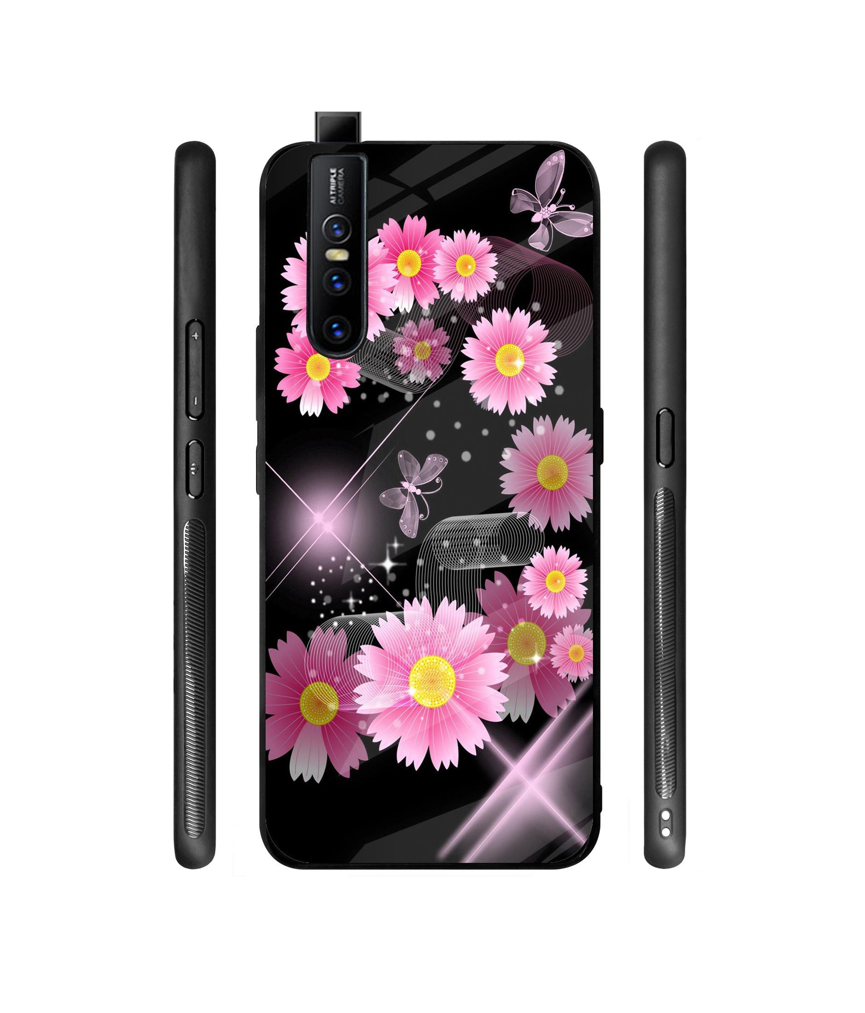 Pink Flower Designer Printed Glass Cover for Vivo V15 Pro