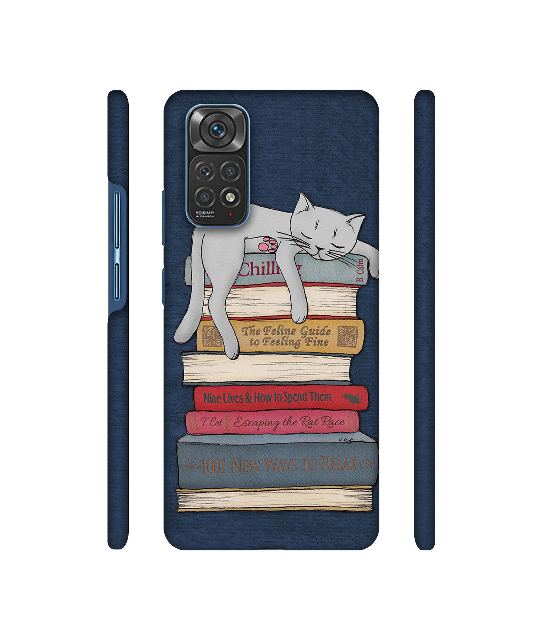 Cat Sleeping On The Books Designer Hard Back Cover for Mi Redmi Note 11 4G / Redmi Note 11S 4G