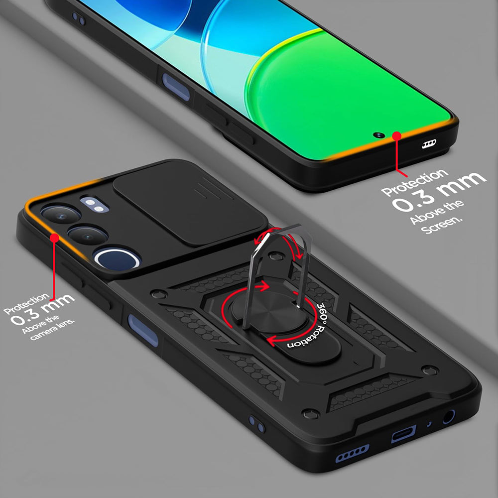 Hybrid Kickstand Sliding Camera Lens Ring Holder Case for Vivo Y29 5G / Y19s 4G