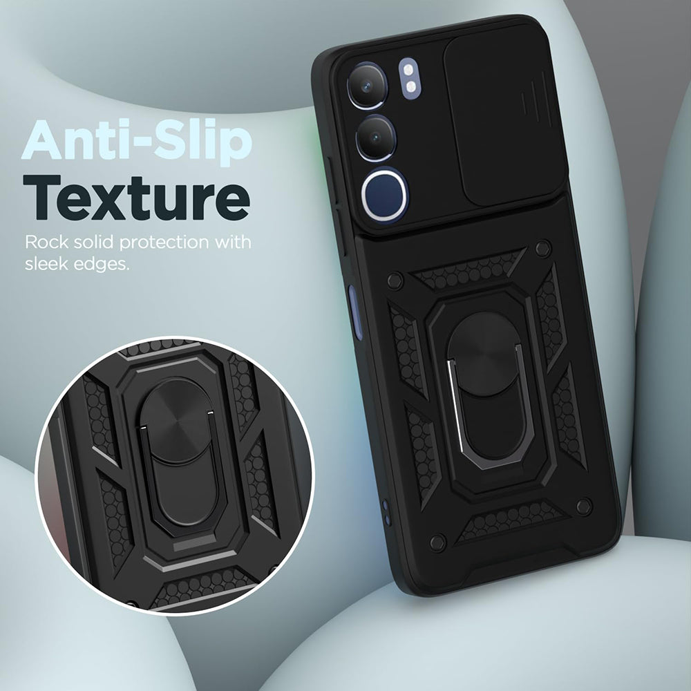 Hybrid Kickstand Sliding Camera Lens Ring Holder Case for Vivo Y29 5G / Y19s 4G