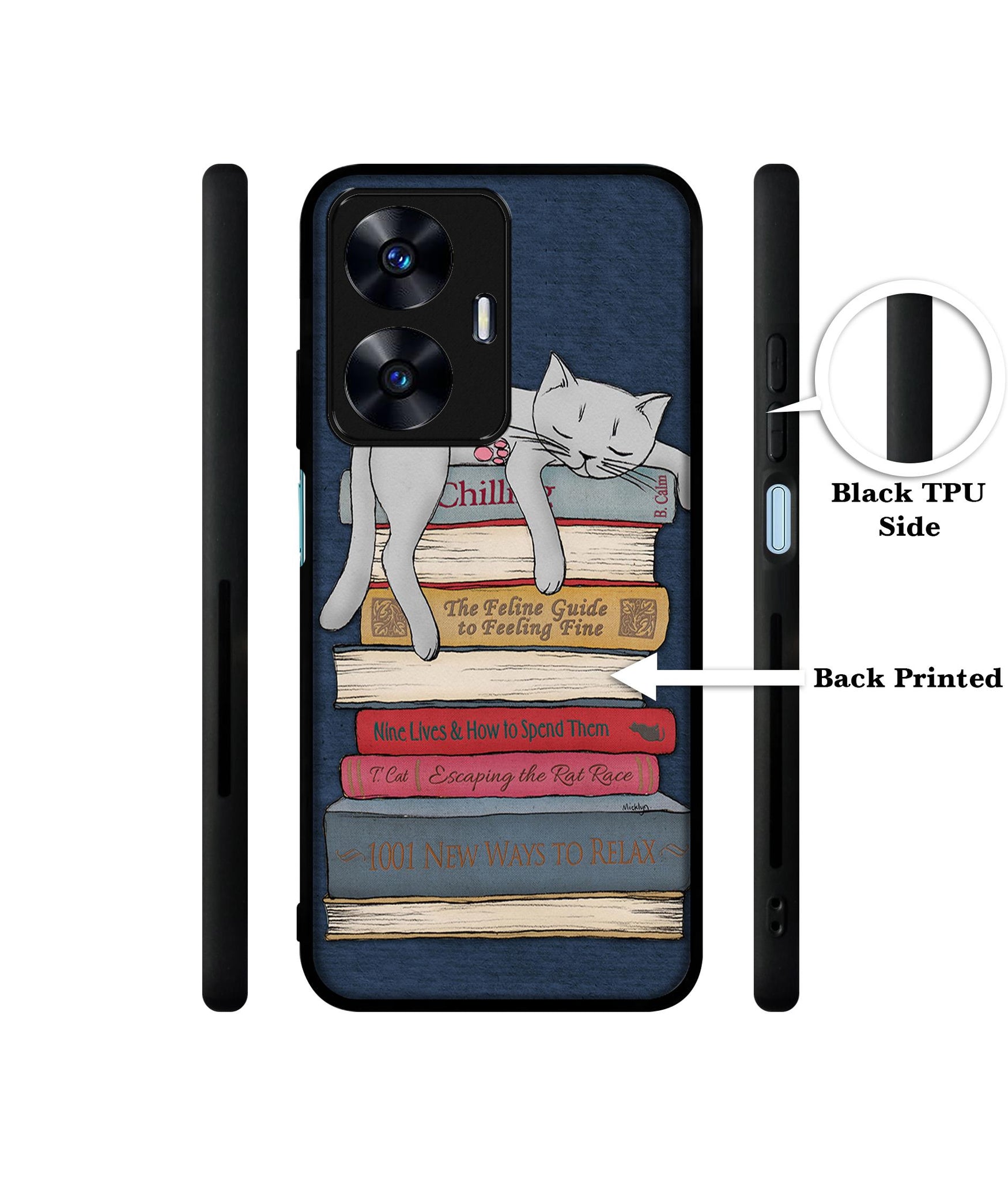 Cat Sleeping On The Books Designer 2D Printed Back Case Cover for Realme C55 4G / Narzo N55 4G