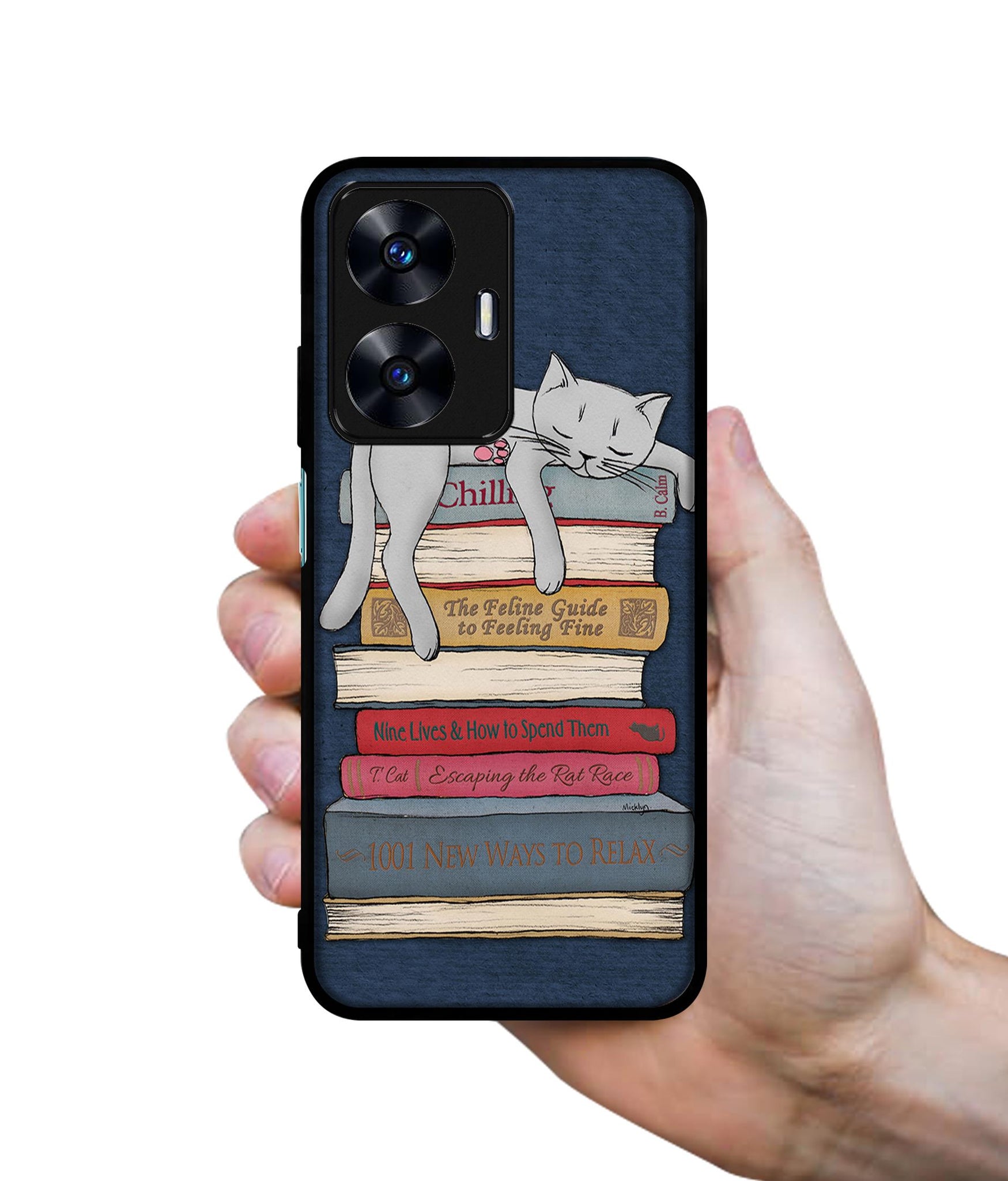 Cat Sleeping On The Books Designer 2D Printed Back Case Cover for Realme C55 4G / Narzo N55 4G