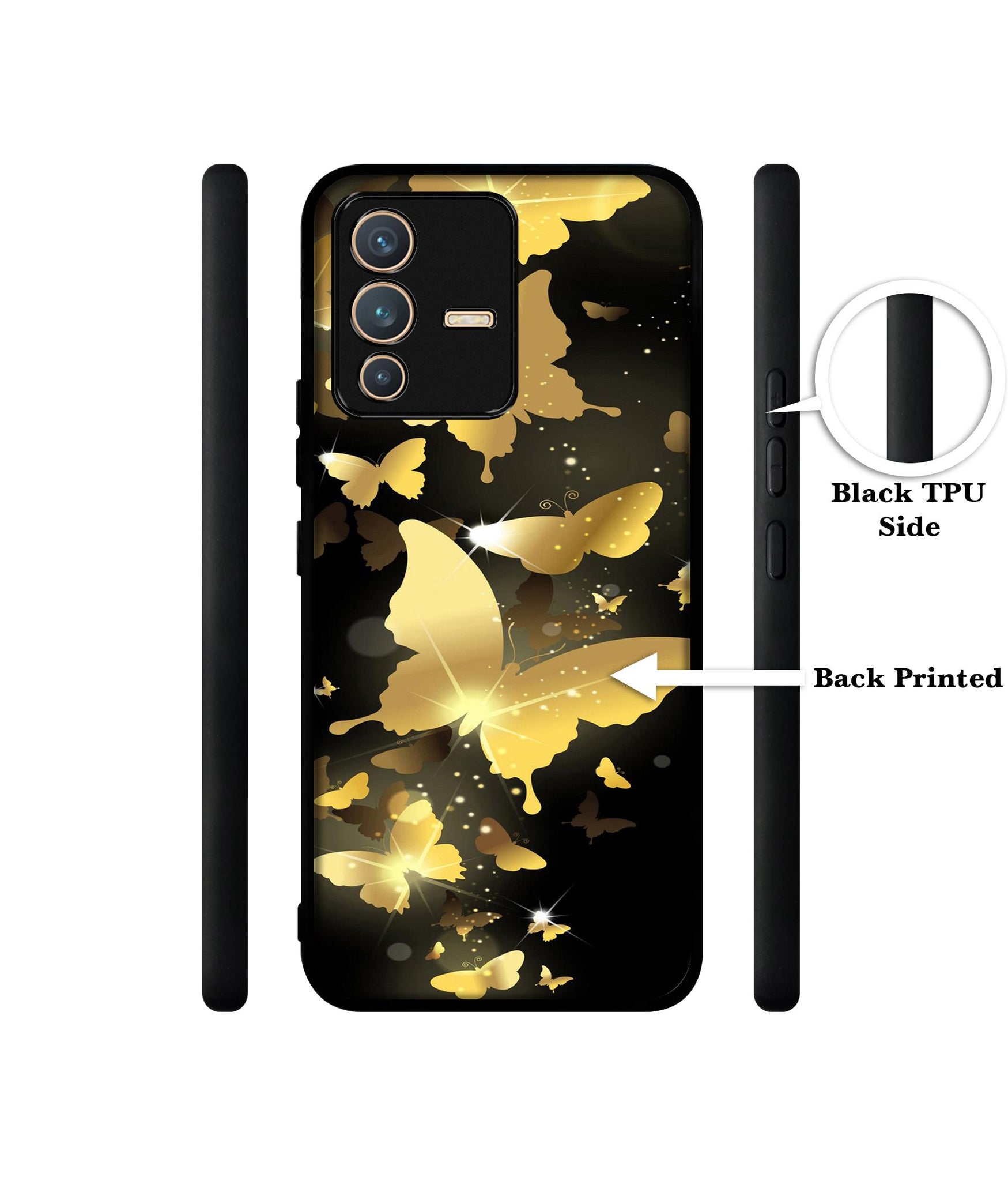 Golden Butterfly Pattern Designer 2D Printed Back Case Cover for Vivo V23 5G