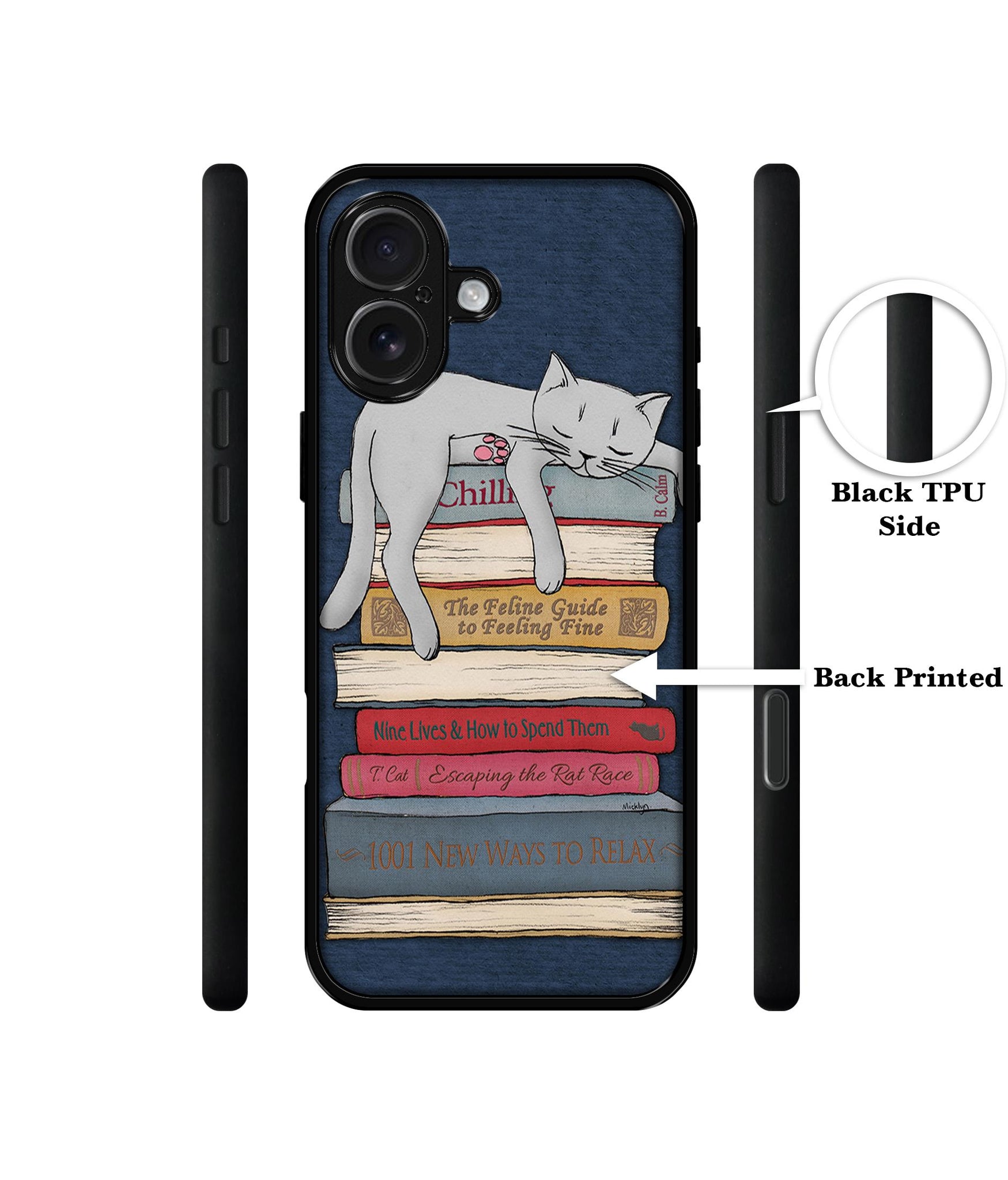 Cat Sleeping On The Books Design Designer 2D Printed Back Case Cover for Apple iPhone 16 Plus