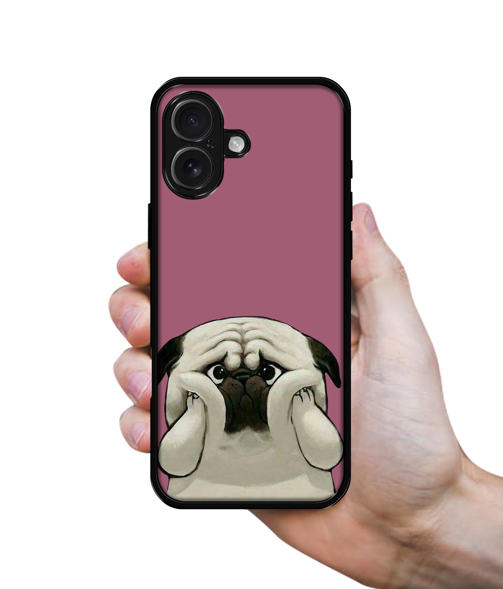 Cute Pug Holding Big Cheeks Design Designer 2D Printed Back Case Cover for Apple iPhone 16 Plus