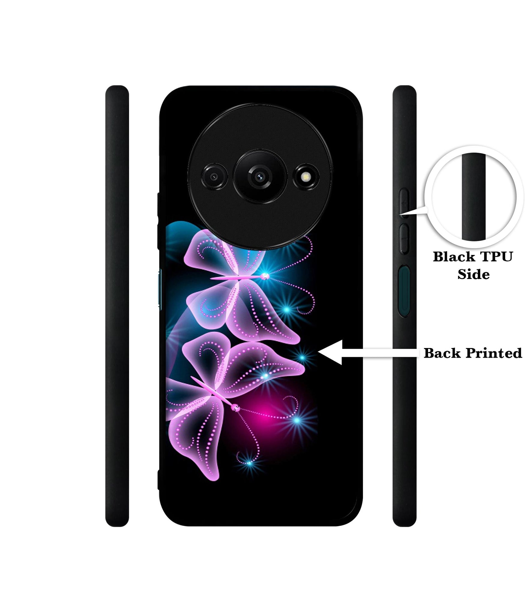 Butterflies Neon Light Design Designer 2D Printed Back Case Cover for Mi Redmi A3 4G / Poco C61 4G