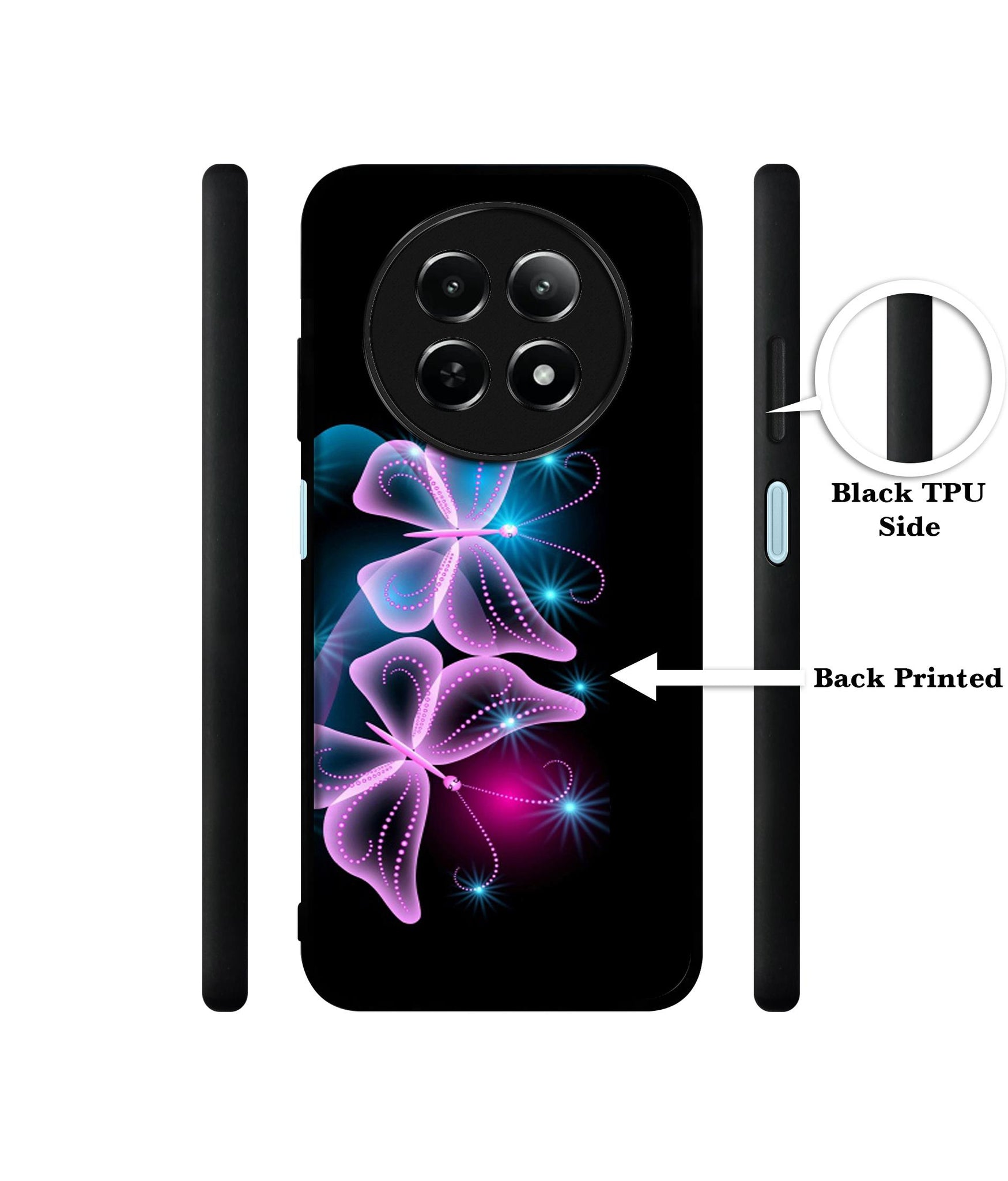 Butterflies Neon Light Design Designer 2D Printed Back Case Cover for Realme 12 5G / 13 5G / 12x 5G / C65 5G / Narzo 70x 5G / N65 5G