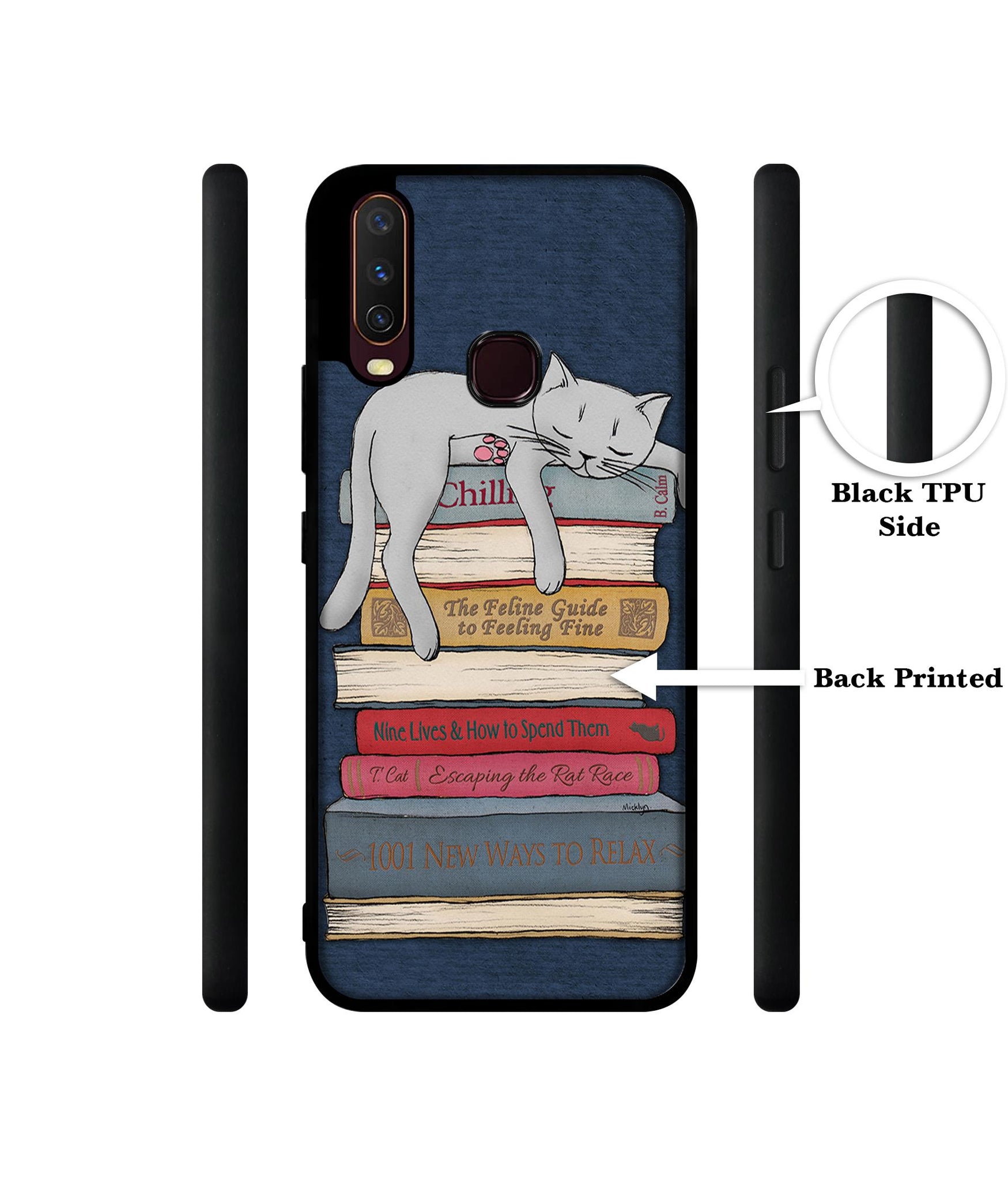 Cat Sleeping On The Books Design Designer 2D Printed Back Case Cover for Vivo Y17 / Y12 / Y15