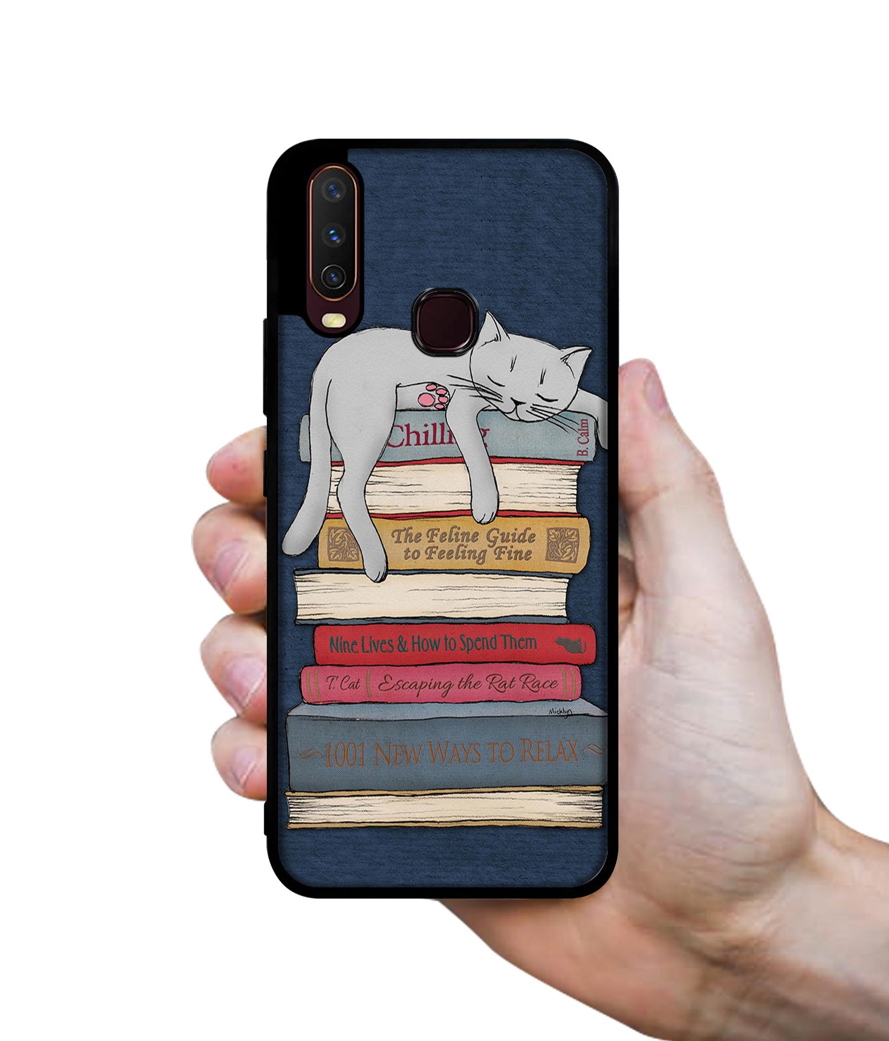 Cat Sleeping On The Books Design Designer 2D Printed Back Case Cover for Vivo Y17 / Y12 / Y15