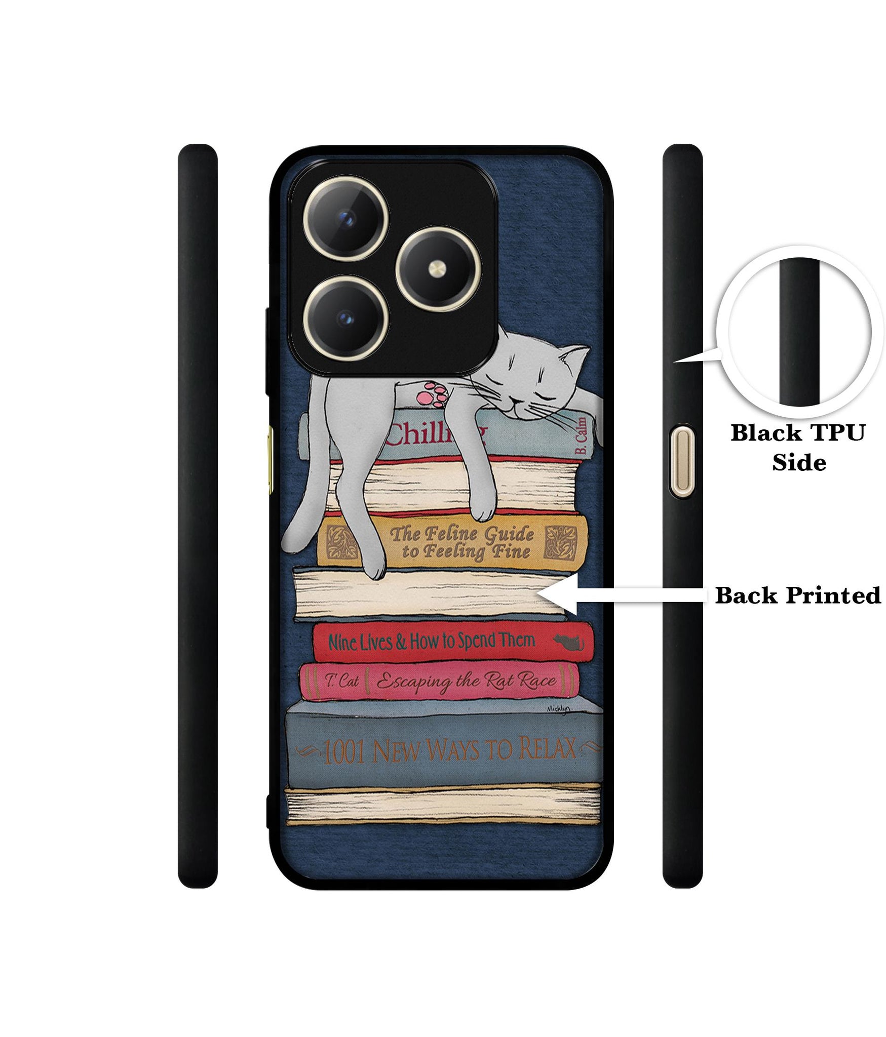 Cat Sleeping On The Books Design Designer 2D Printed Back Case Cover for Realme C63 4G / Narzo N63 4G