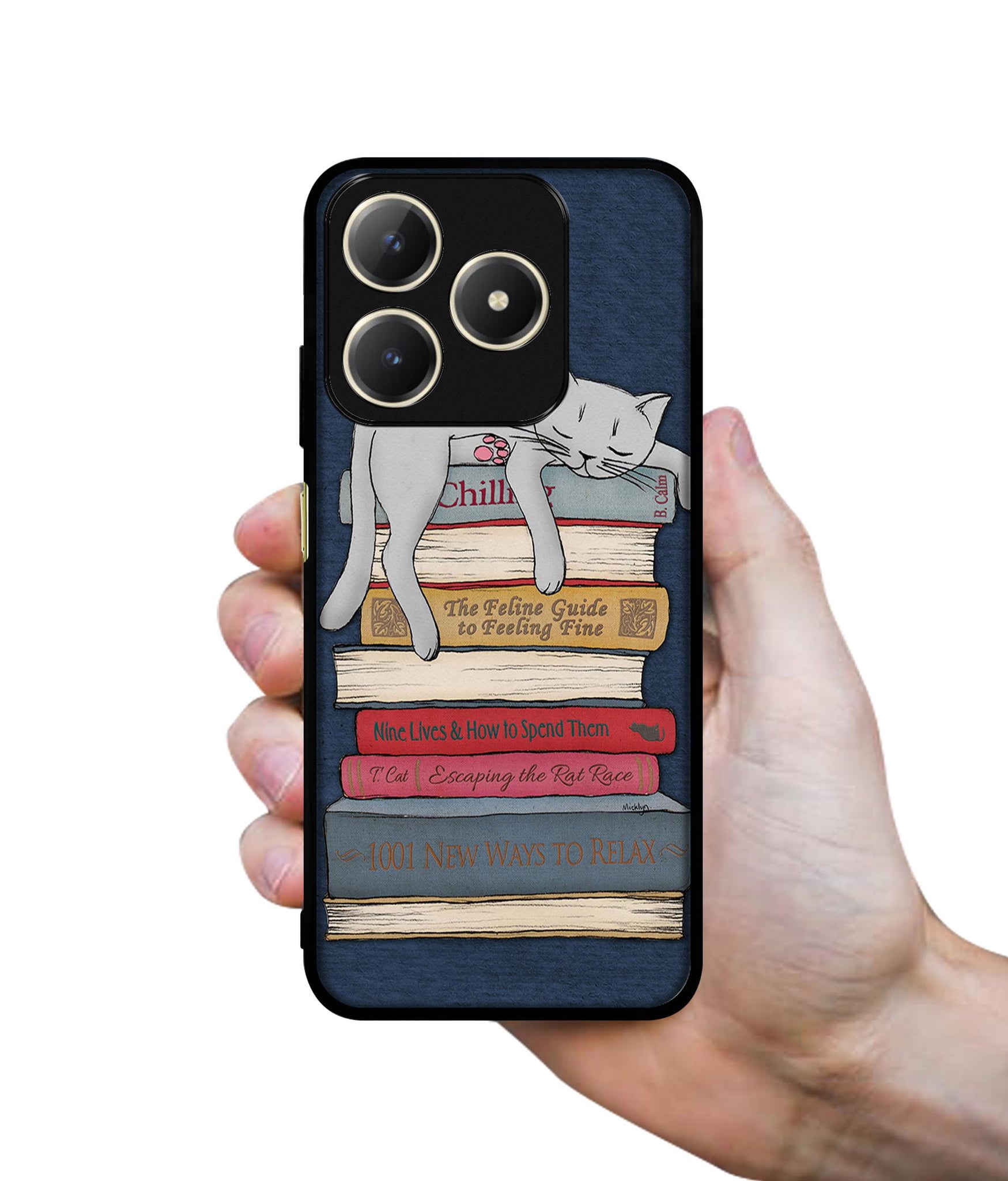 Cat Sleeping On The Books Design Designer 2D Printed Back Case Cover for Realme C63 4G / Narzo N63 4G