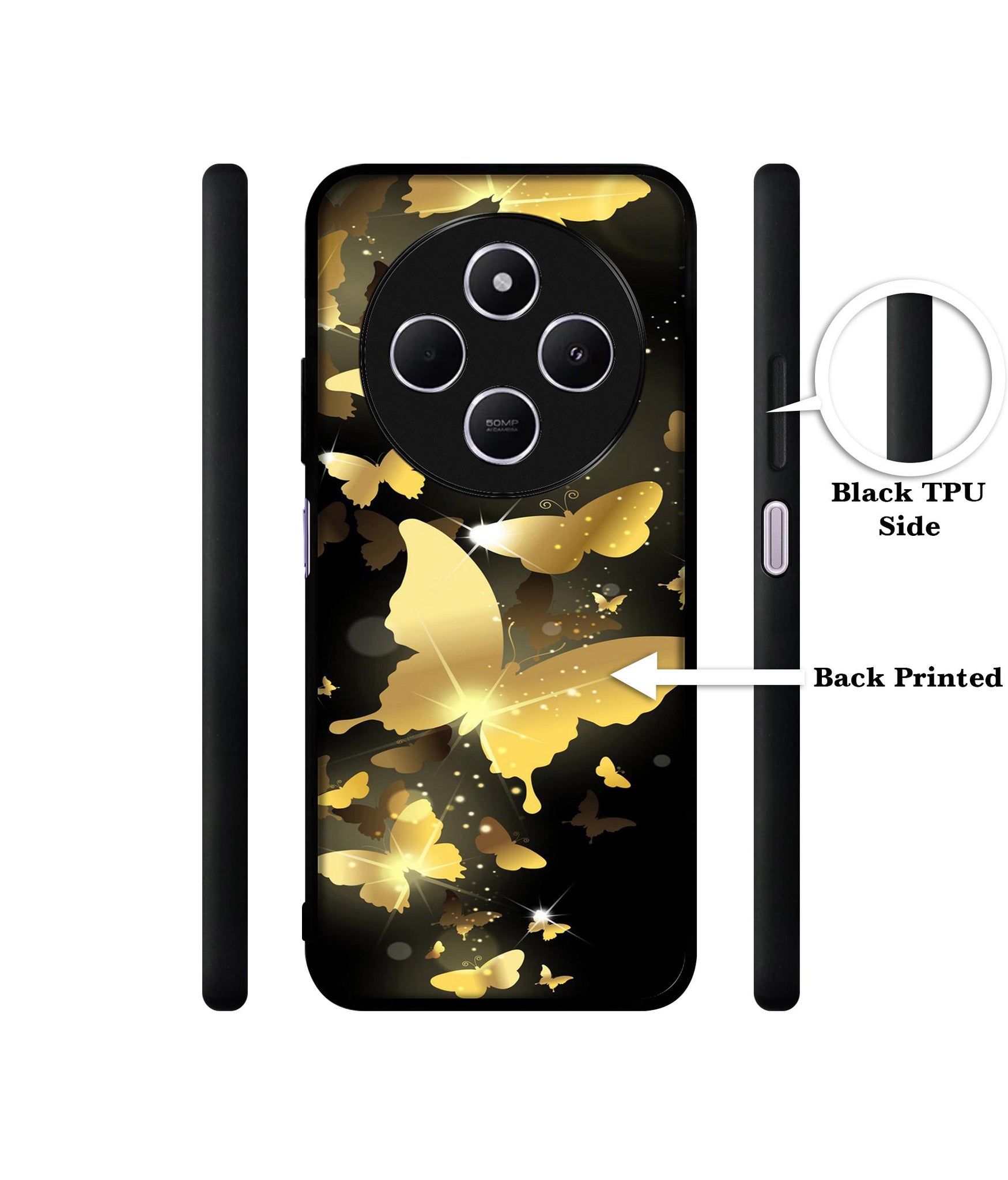 Golden Butterfly Pattern Design Designer 2D Printed Back Case Cover for Mi Redmi A4 5G / 14C 5G / 14R 5G / Poco C75 5G