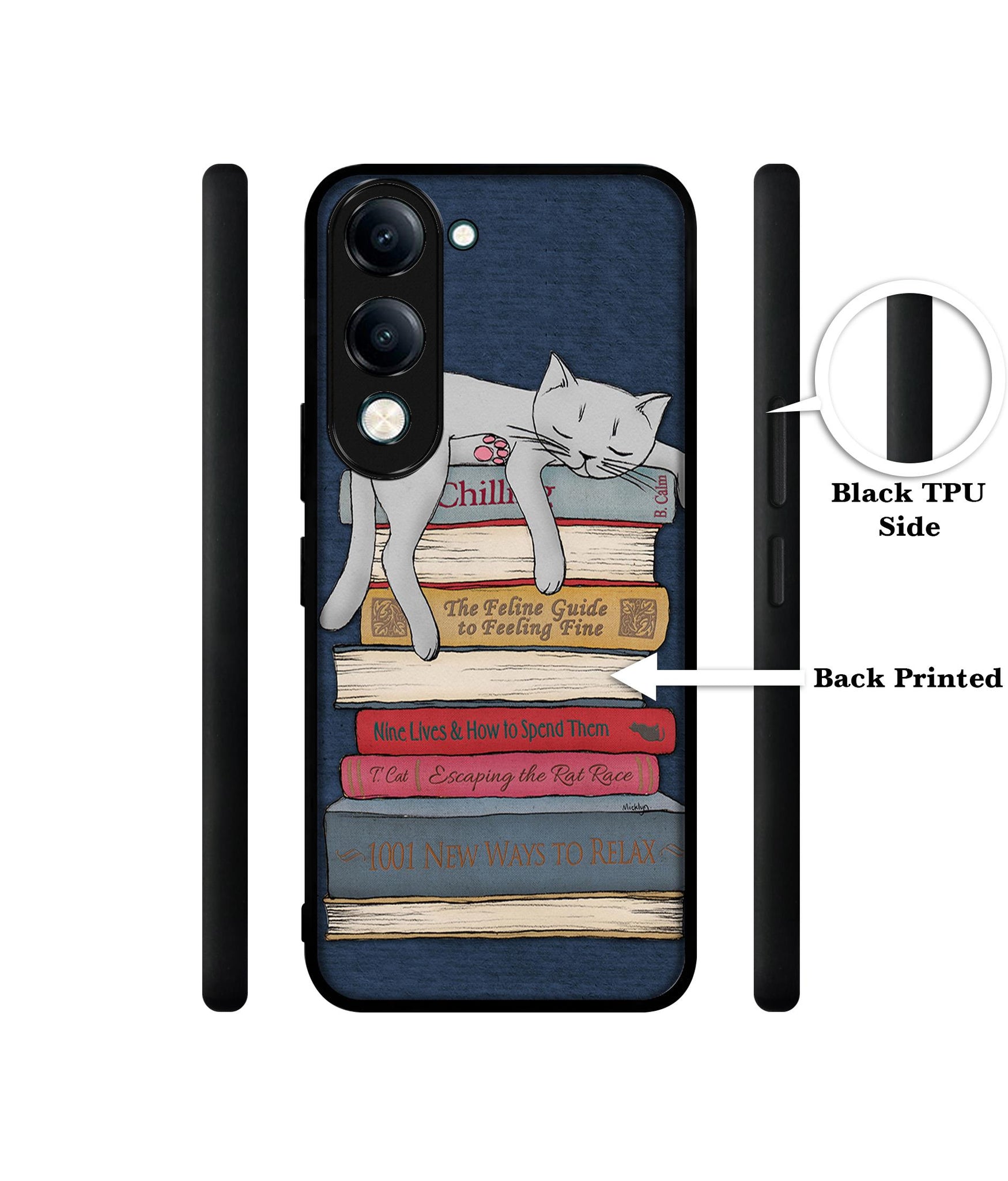Cat Sleeping On The Books Designer 2D Printed Back Case Cover for Vivo Y04 4G / Y19e 4G / Y29s 5G
