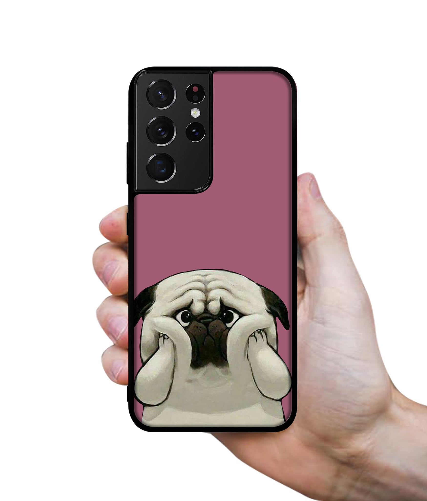 Cute Pug Holding Big Cheeks Designer 2D Printed Back Case Cover for Samsung Galaxy S21 Ultra 5G