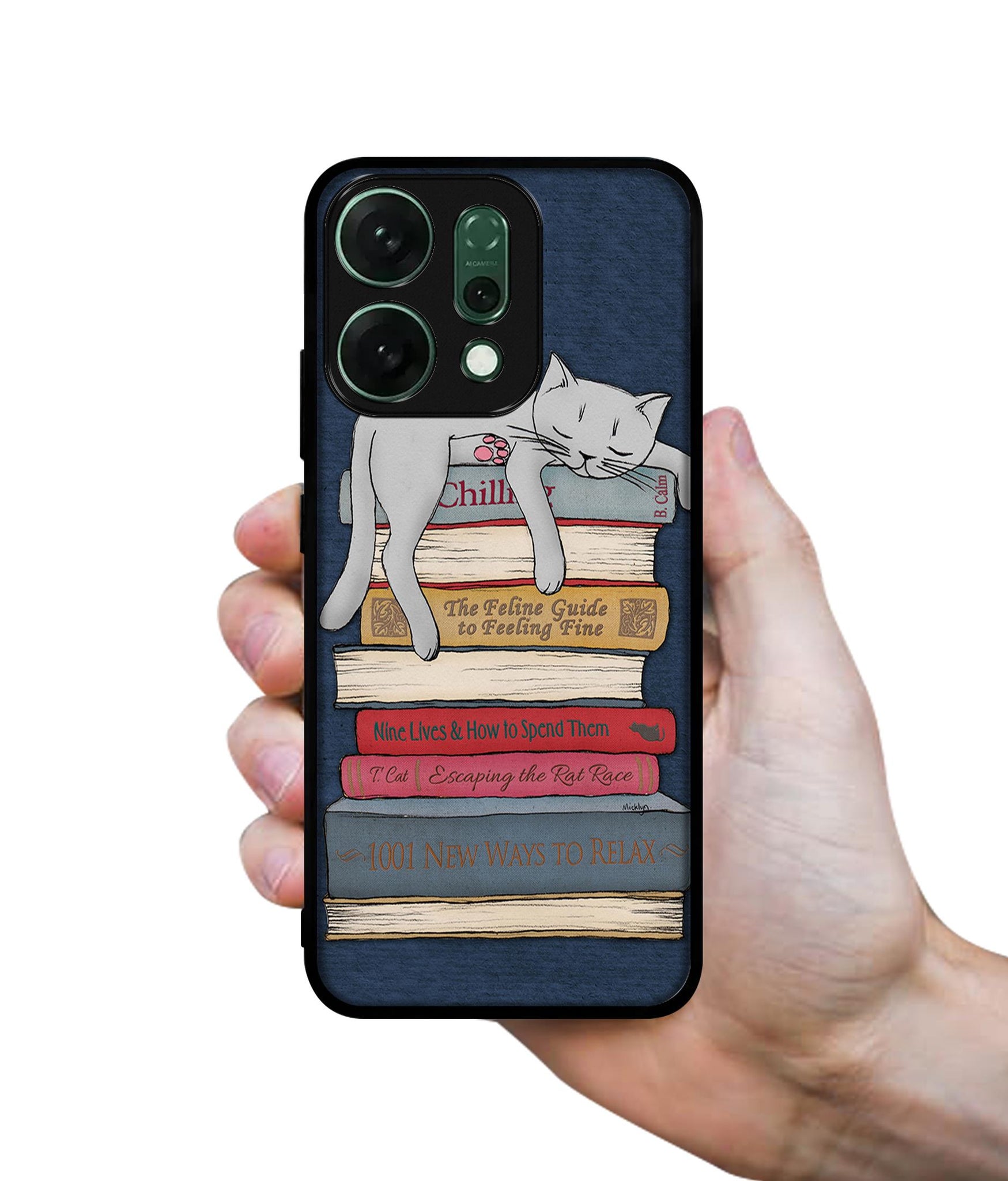 Cat Sleeping On The Books Designer 2D Printed Back Case Cover for Oppo Reno14 Pro 5G
