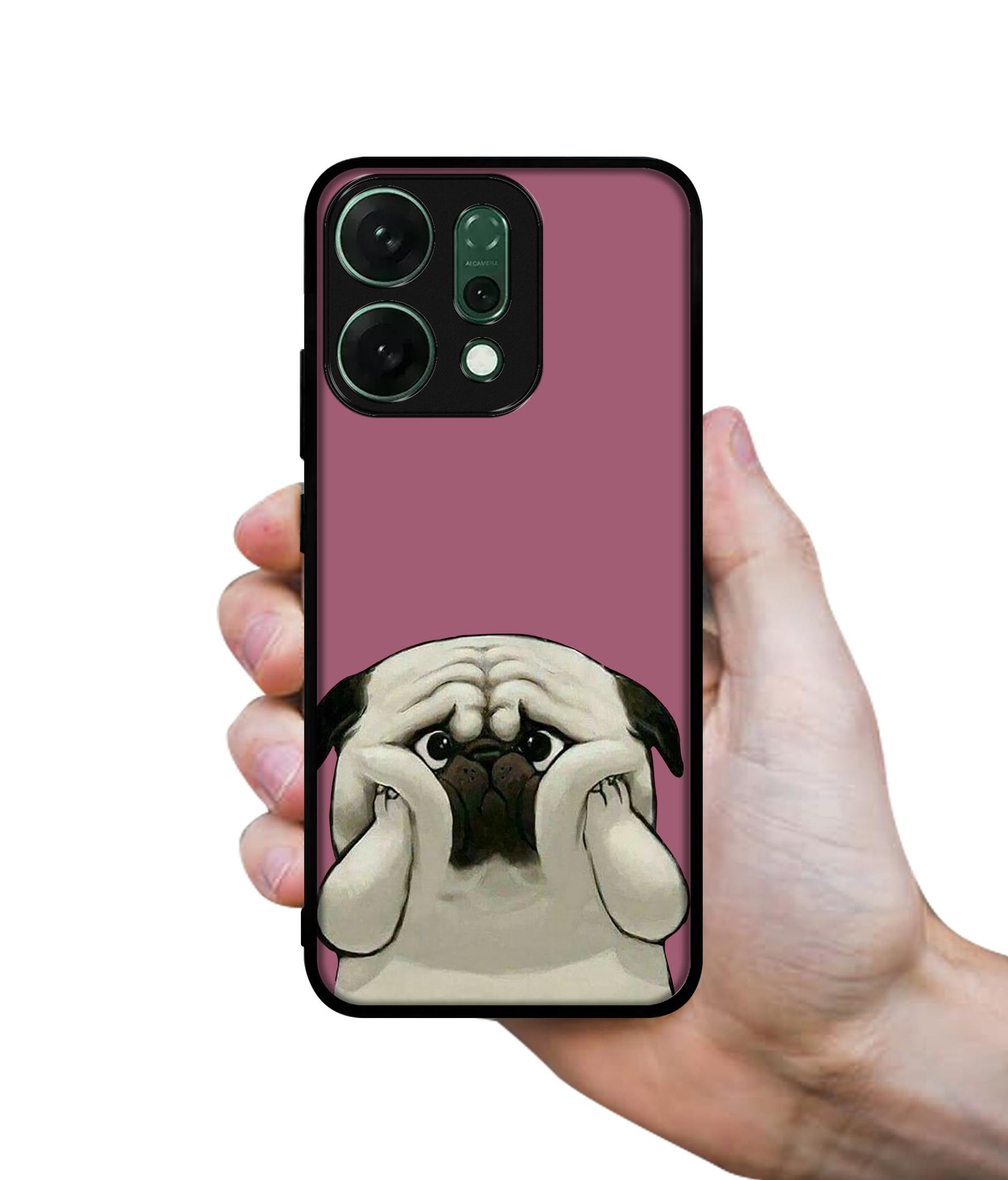 Cute Pug Holding Big Cheeks Designer 2D Printed Back Case Cover for Oppo Reno14 Pro 5G