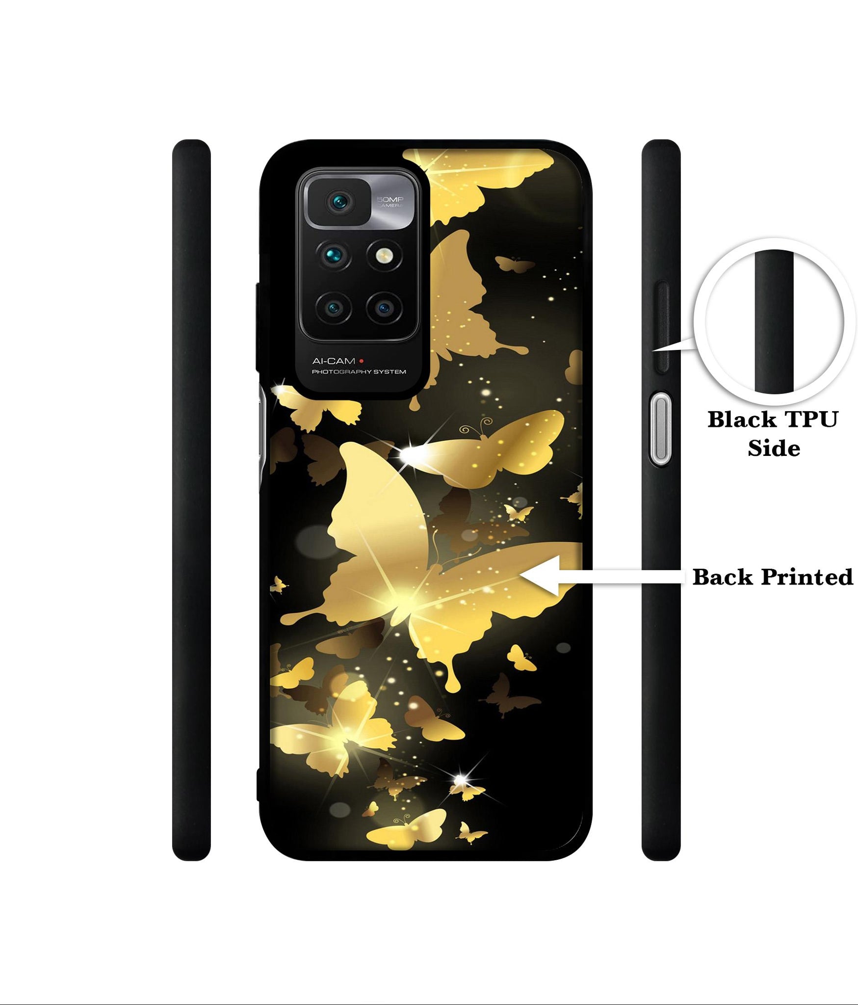 Golden Butterfly Pattern Designer 2D Printed Back Case Cover for Mi Redmi 10 4G