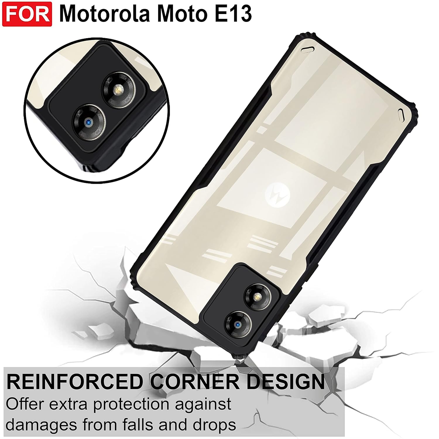 Casotec Shockproof Crystal Clear Back Case Cover for Motorola Moto E13 4G, 360  Degree Protection TPU+PC, Air Cushion Design