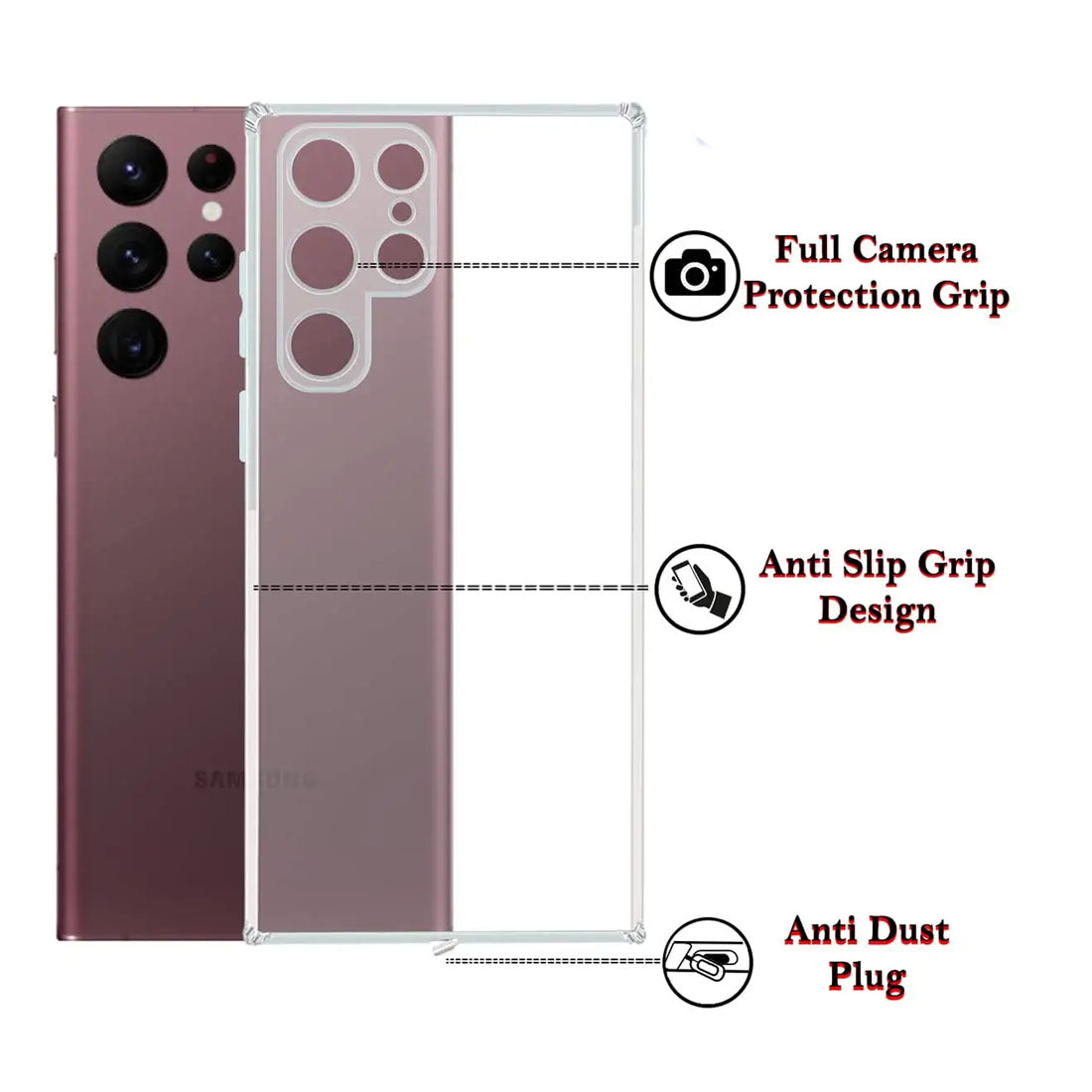 Anti Dust Plug Back Case Cover for Samsung Galaxy S22 Ultra 5G