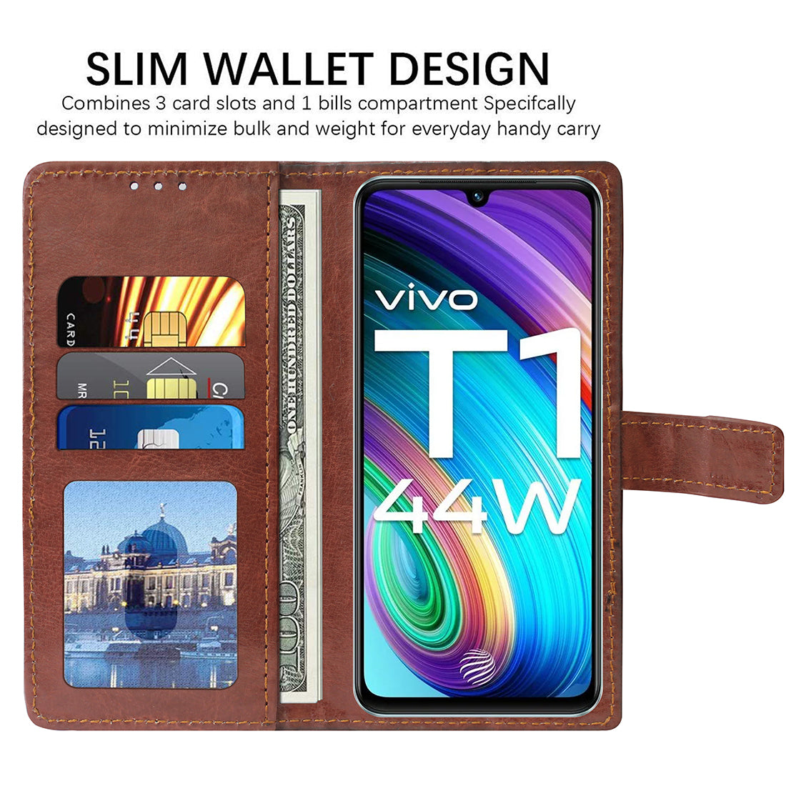 Premium Wallet Flip Cover for Vivo T1 44W 4G