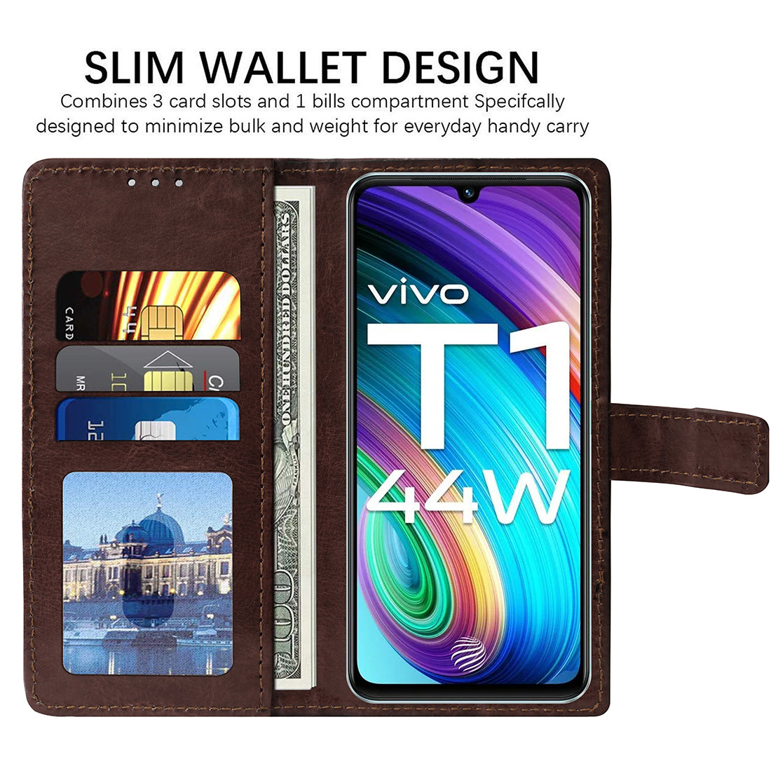Premium Wallet Flip Cover for Vivo T1 44W 4G
