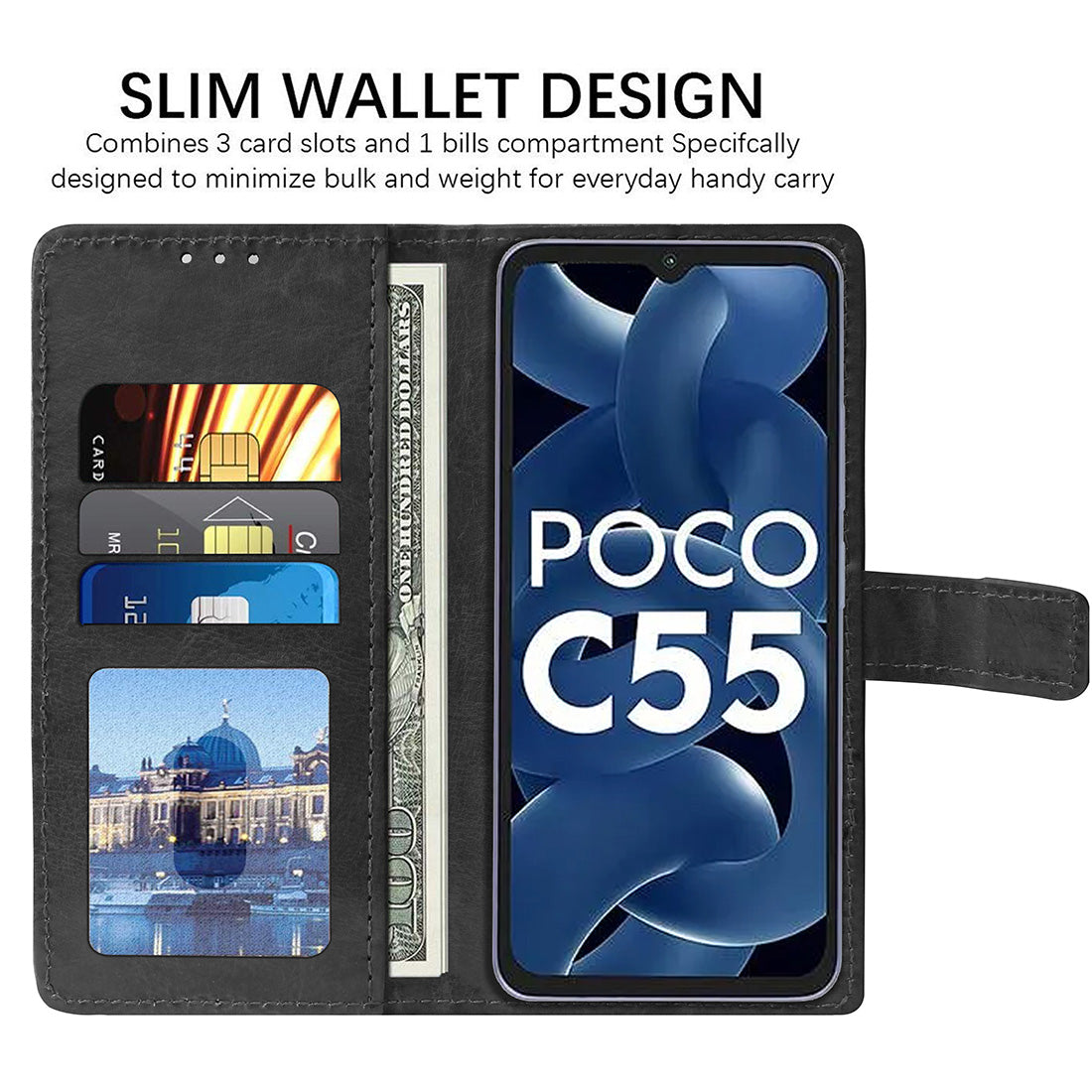 Premium Wallet Flip Cover for Poco C55 4G / Mi Redmi 12C 4G