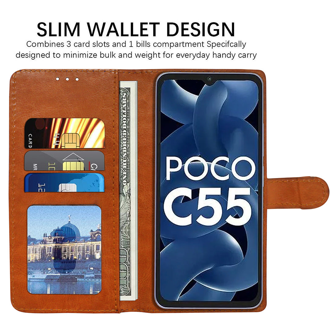 Premium Wallet Flip Cover for Poco C55 4G / Mi Redmi 12C 4G