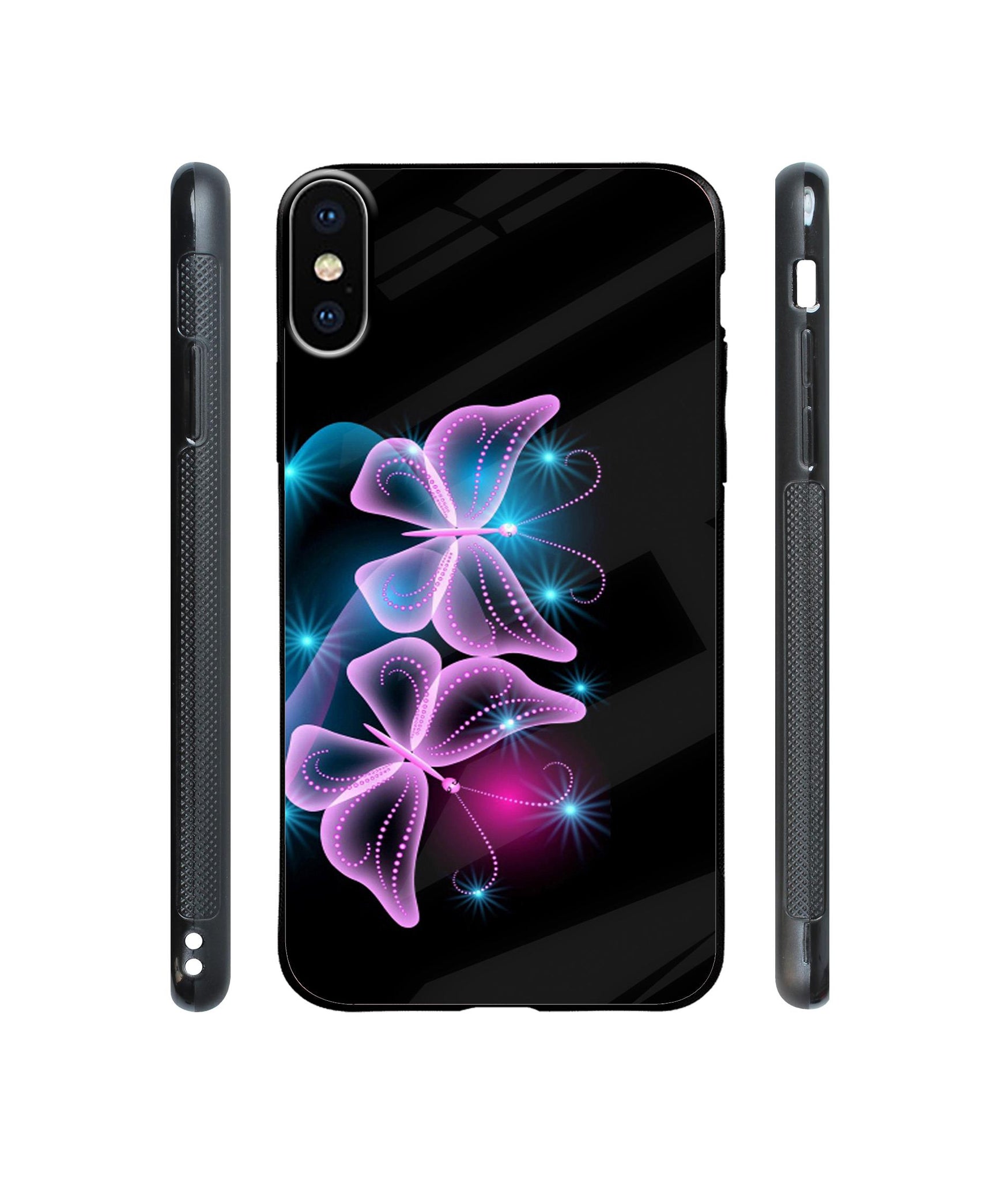 Butterflies Neon Light Designer Printed Glass Cover for Apple iPhone X / Xs