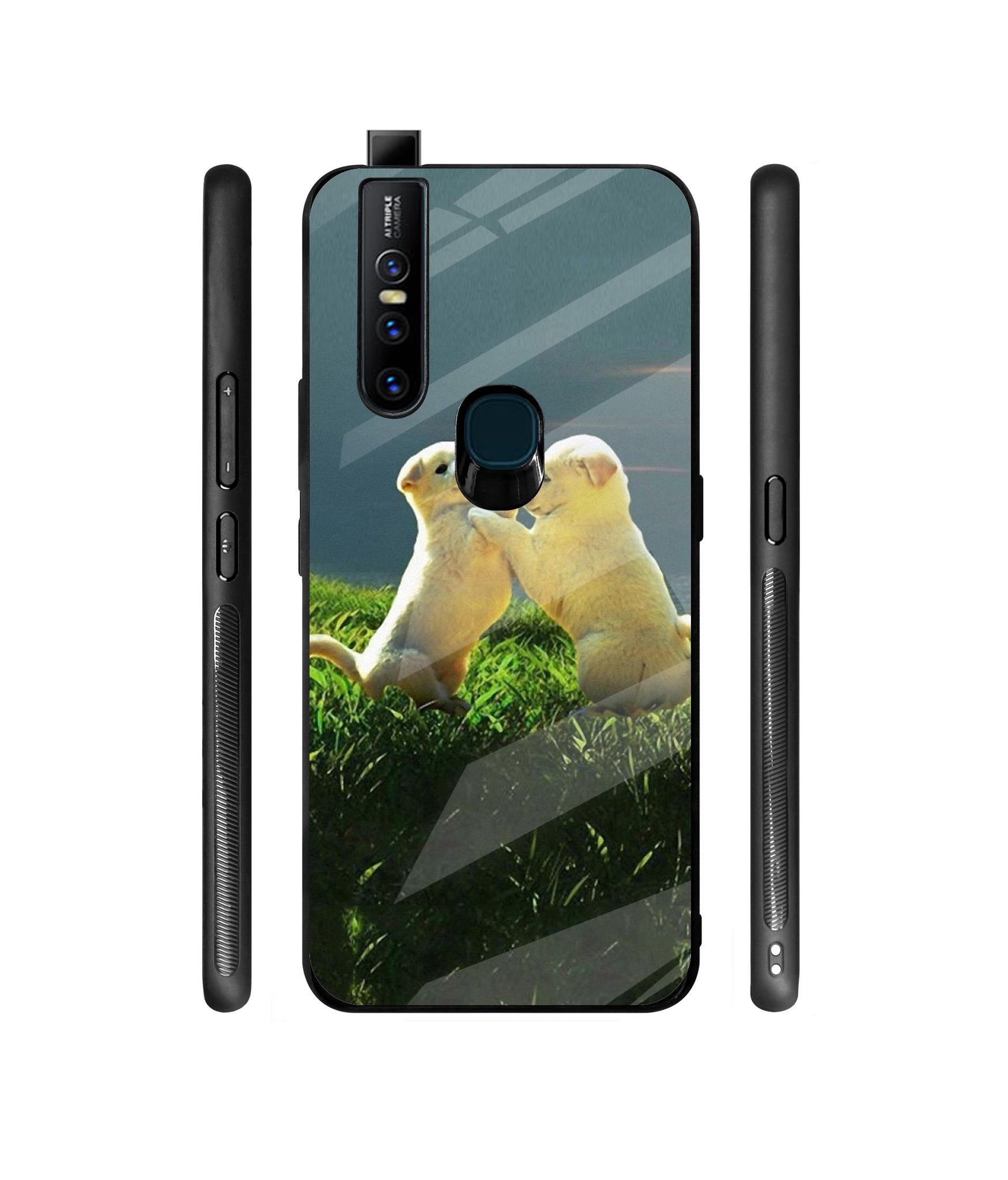 Puppy Couple Sunset Designer Printed Glass Cover for Vivo V15