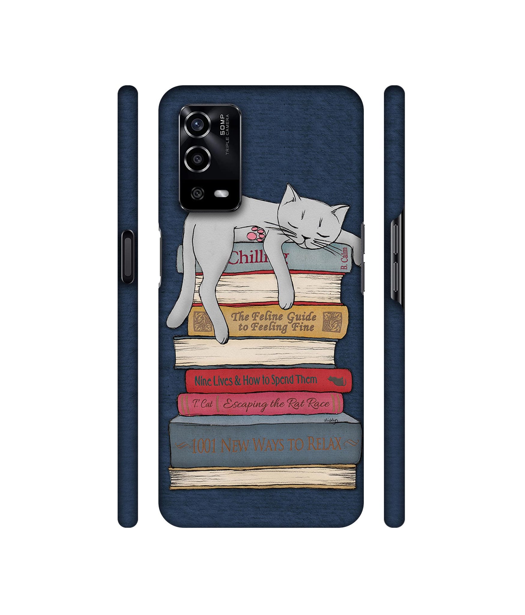 Cat Sleeping On The Books Designer Hard Back Cover for Oppo A55 4G