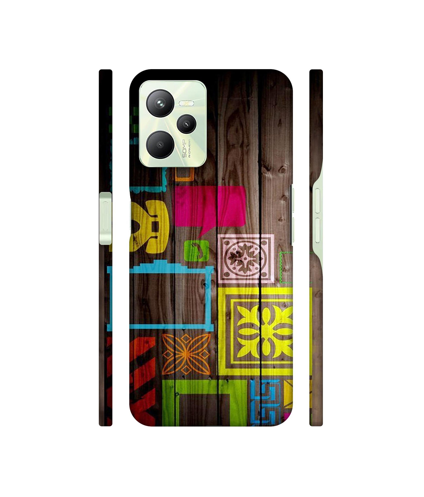 Stamps on Wooden Texture Designer Hard Back Cover for Realme C35 4G
