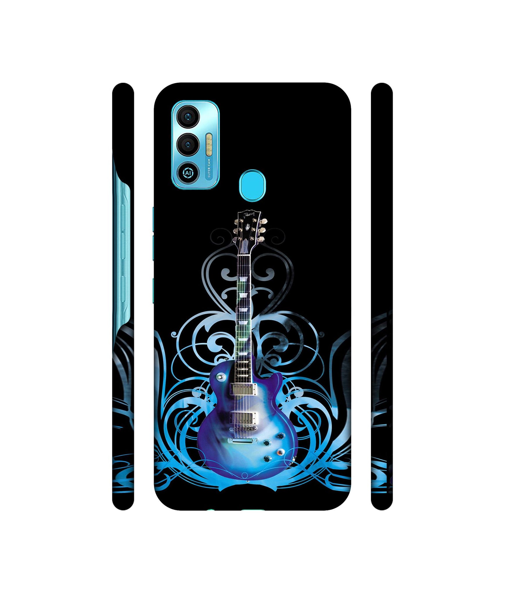 Guitar In Blue Pattern Designer Hard Back Cover for Tecno Spark 7T