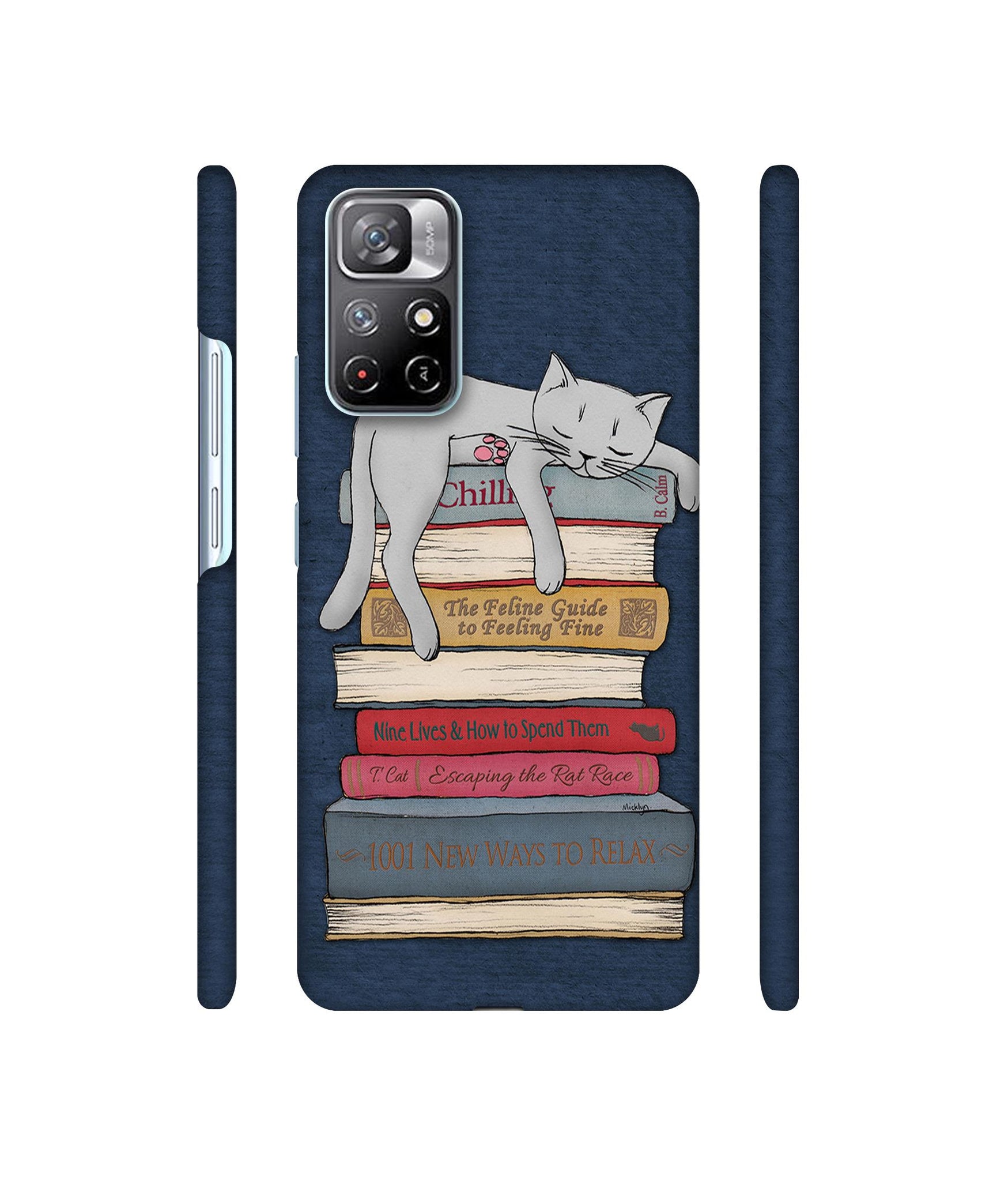 Cat Sleeping On The Books Designer Hard Back Cover for Mi Redmi Note 11T 5G / Poco M4 Pro 5G